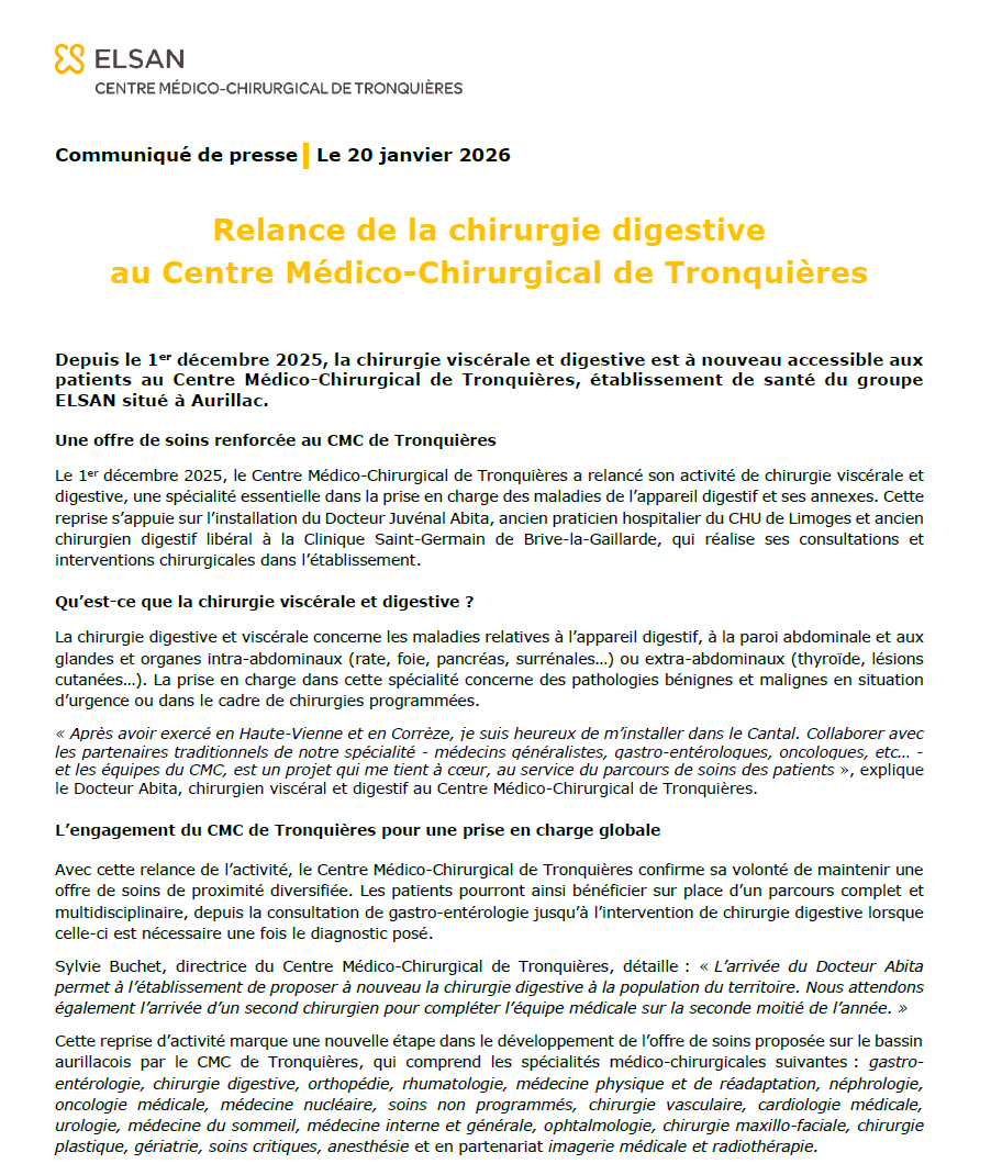 Relance de la chirurgie digestive au Centre Médico-Chirurgical de Tronquières