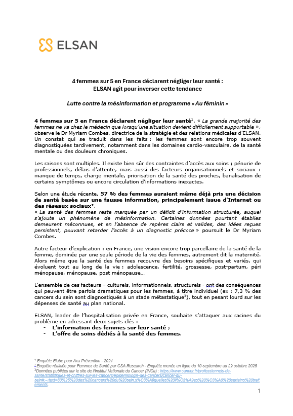 4 femmes sur 5 en France déclarent négliger leur santé : ELSAN agit pour inverser cette tendance