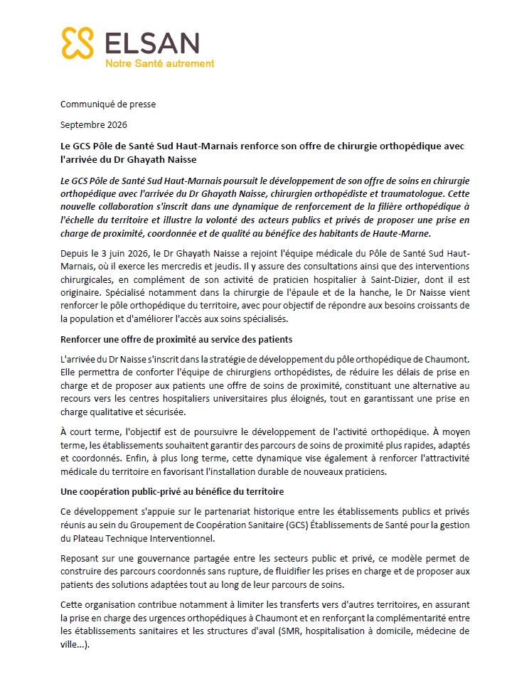 Le GCS Pôle de Santé Sud Haut-Marnais renforce son offre de chirurgie orthopédique avec l'arrivée du Dr Ghayath Naisse