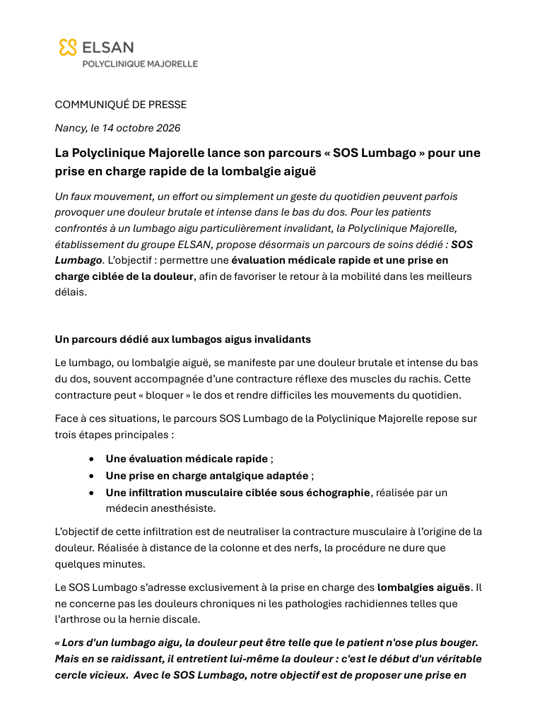 La Polyclinique Majorelle lance son parcours « SOS Lumbago » pour une prise en charge rapide de la lombalgie aiguë