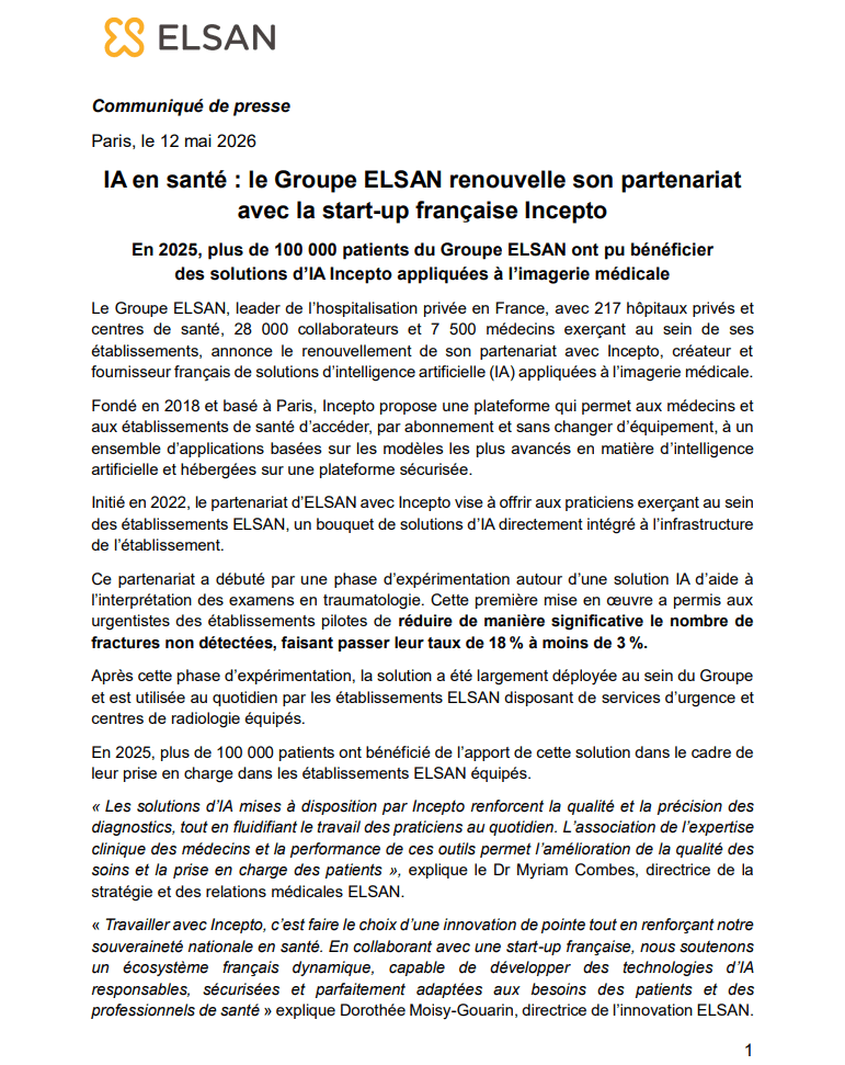 IA en santé : le Groupe ELSAN renouvelle son partenariat avec la start-up française Incepto