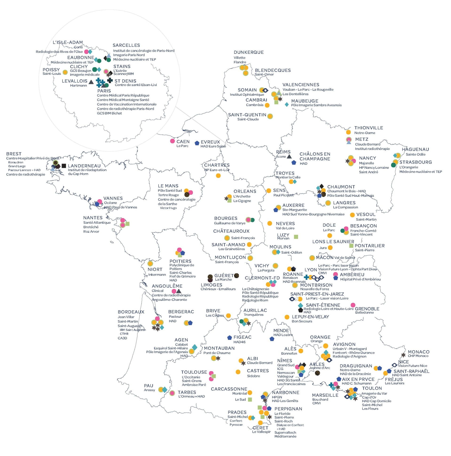 Map of France highlighting the geographic distribution of ELSAN clinics across the country.