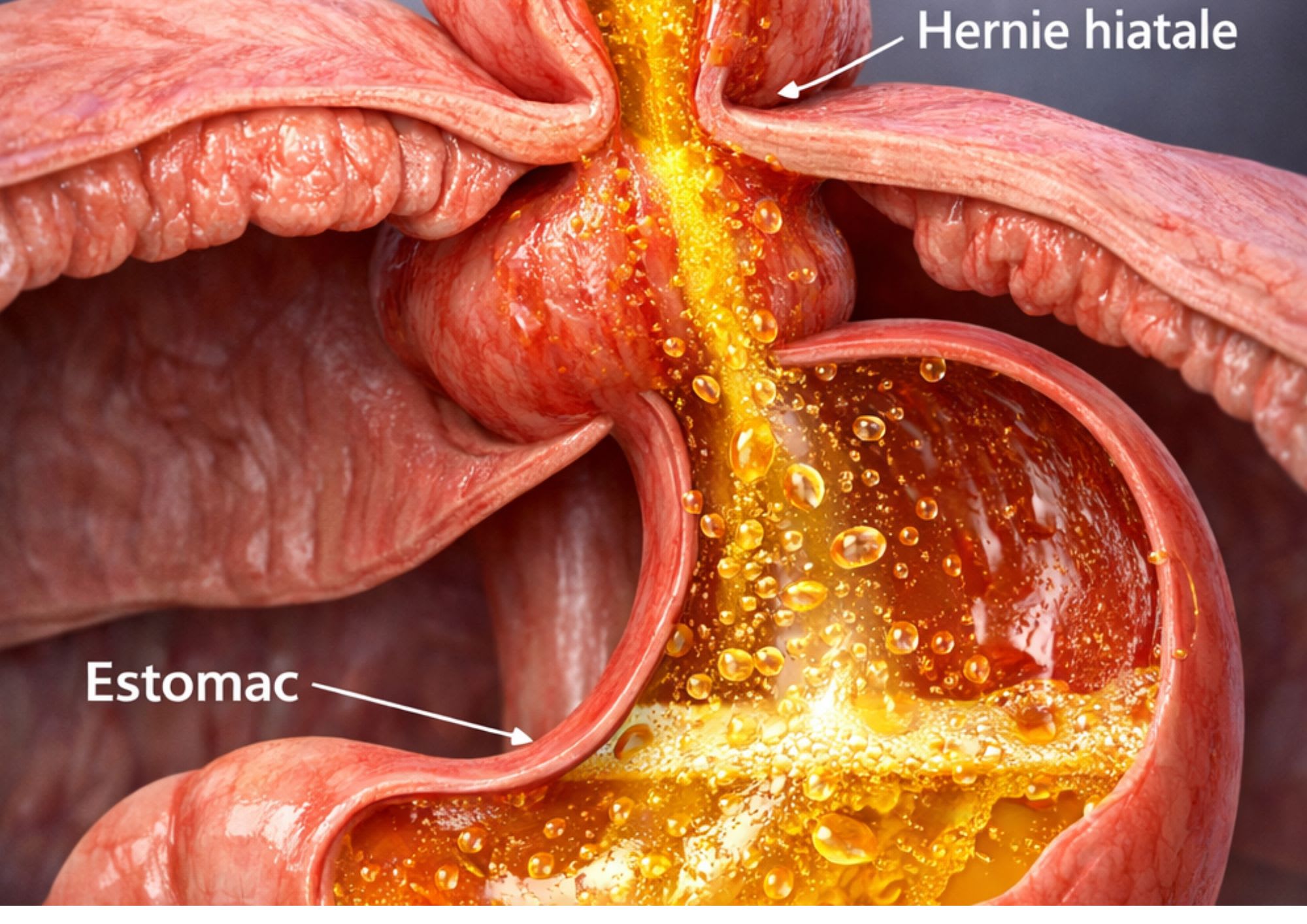 illustration de l'intérieur de l'organisme avec une précision sur la hernie hiatale 