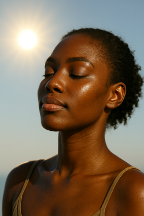 femme de teint noir face au soleil avec une peau lumineuse grâce à la vitamine D 