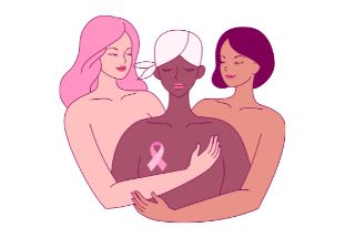 différentes femmes torse nu soutenant une souffrante du cancer du sein