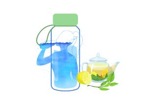 illustration: gourde d'eau avec thé citron et silhouette de femme en eau