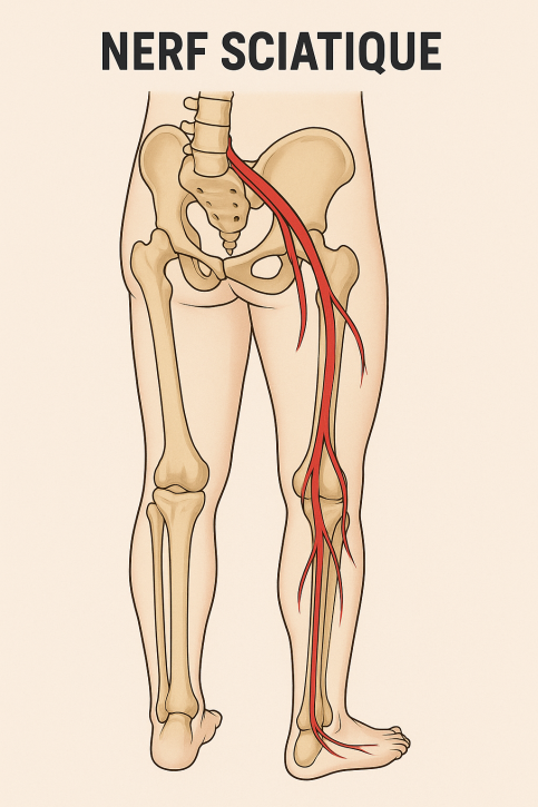 Illustration corps humain avec accens sur le pied droit mettant en avant le nerf sciatique 