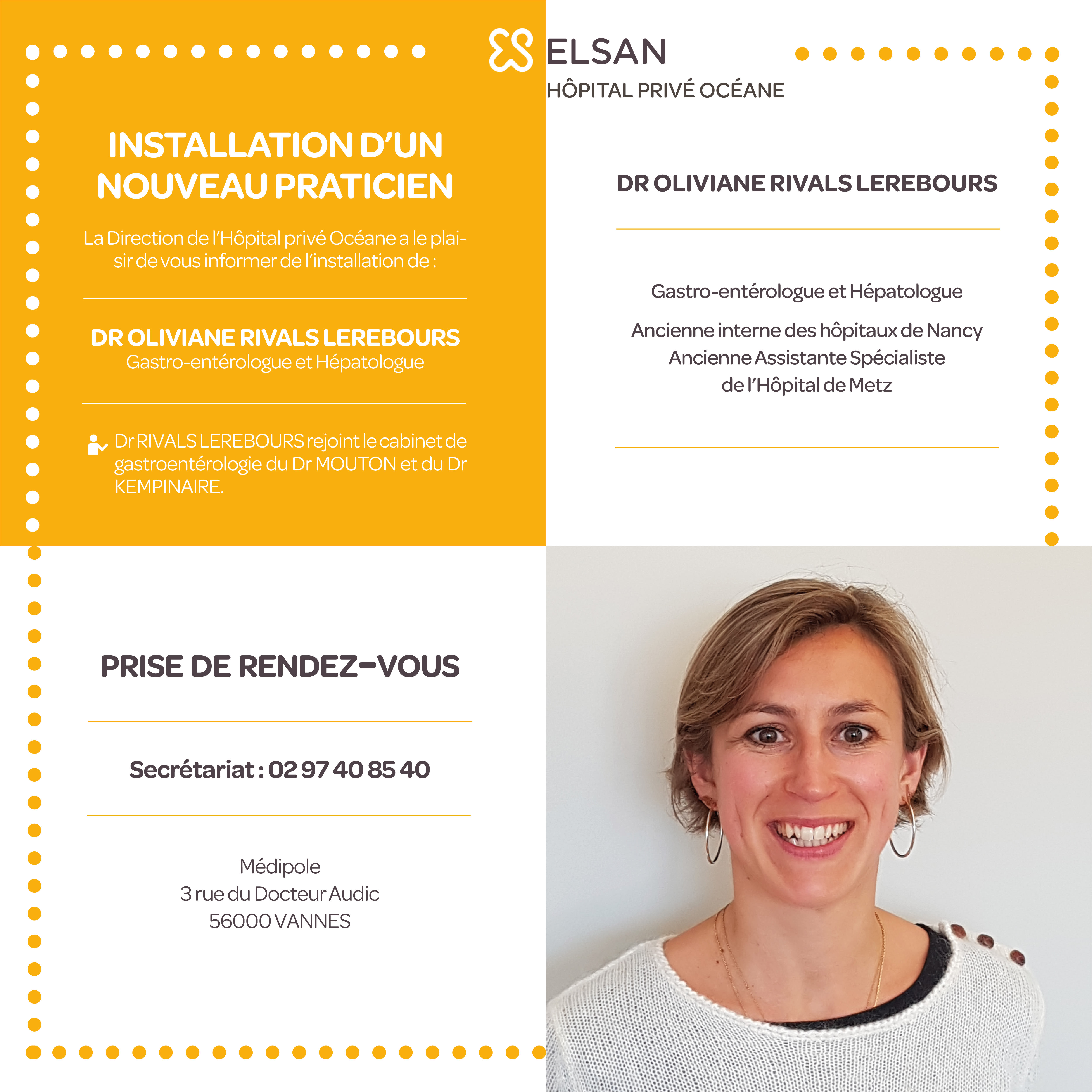 Arrivée Dr Oliviane RIVALS LEREBOURS, Gastro-entérologue et Hépatologue, Hôpital Privé Océane, Vannes