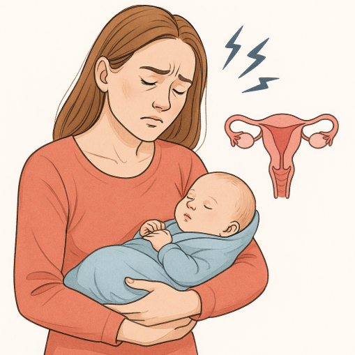 illustration mère portant son bébé en pleine dérèglement hormonal après accouchement