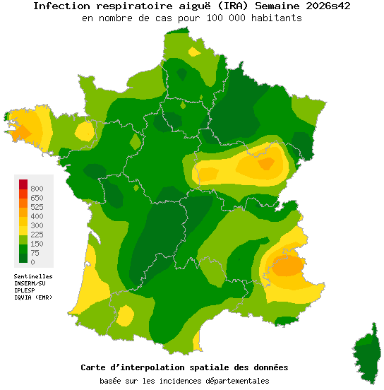 Carte de France présentant la répartition départementale des incidences d’infections respiratoires aiguës (IRA) pour la semaine 42 de 2026, avec un code couleur indiquant le nombre de cas pour 100 000 habitants.