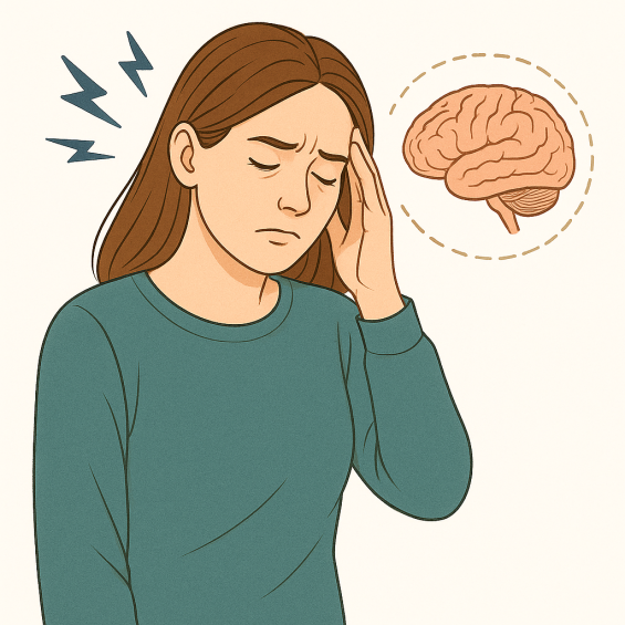 dérèglement hormonal et santé mental , illustré par une femme se tenant la tête avec des douleur et une image dun petit cerveau 