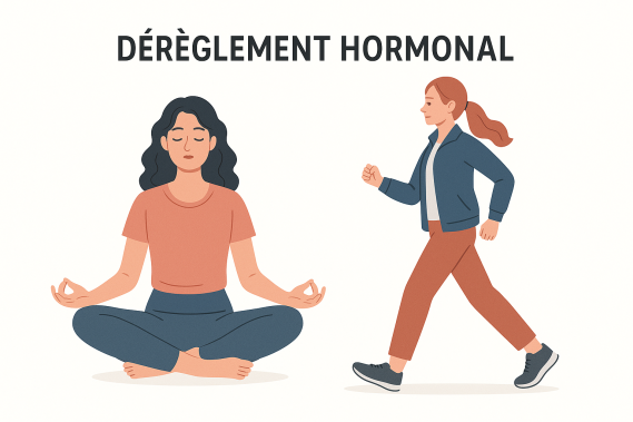 illustration de méthode pour réguler ses hormones , une faisant du yoga et lautre la marche