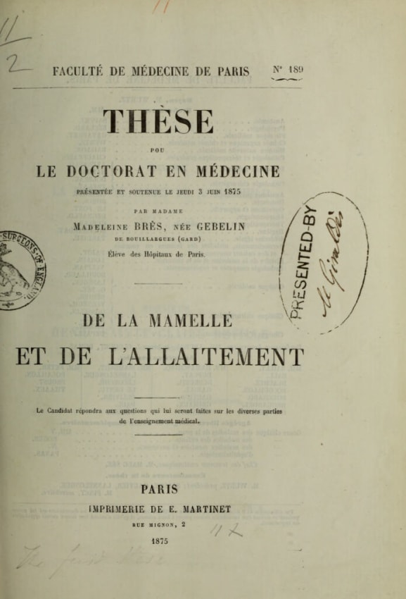 Page de garde de "De la mamelle et de l'allaitement", thèse de doctorat soutenue par Madeleine Brès