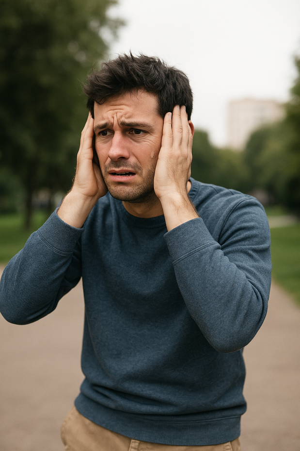 illustration dun homme en stress avec un visage inquietant et les mains sur la tête