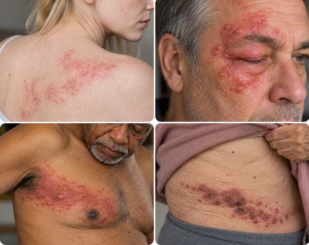 photos du zona au thorax, au dos, à l'oeil et au bas du ventre