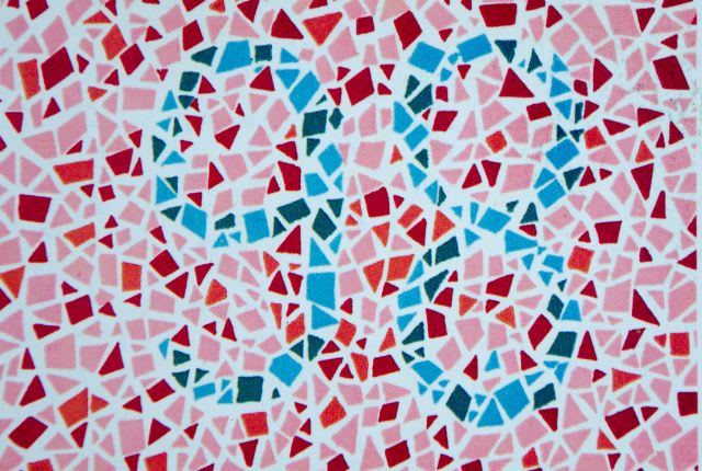 Daltonisme : reproduction d'un test d’Ishihara, utilisé pour le diagnostic. Un 98 en bleu se détache d'une mosaïque pour ceux ou celles qui distinguent les couleurs.