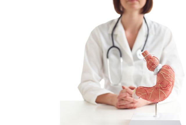 Anneau gastrique : Indications et déroulement. Une médecin se trouve devant un modèle anatomique représentant un estomac serré par un anneau.