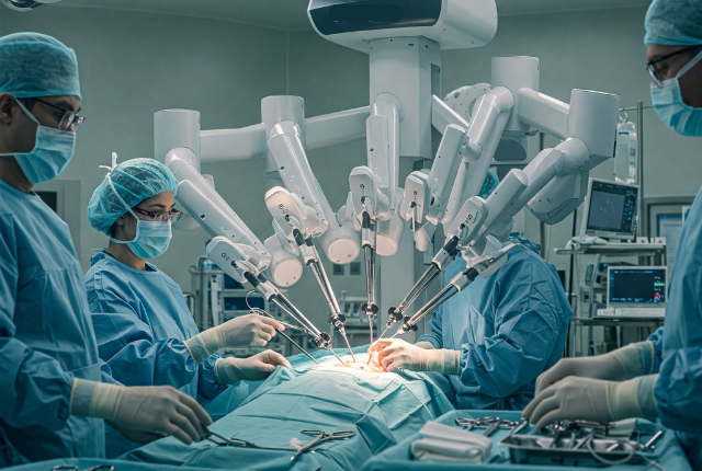 illustration du Robot Da Vinci en pleine opération chirurgicale de l'oropharynx