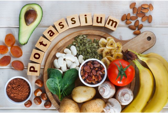 Hyperkaliémie (maladie d'un surcroît de potassium) : un plateau de fruits et légumes (tomates, bananes, avocats, amandes...) riches en potassium.