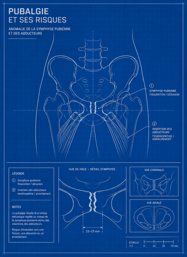« Affiche médicale en style blueprint présentant une illustration anatomique du bassin, avec une anomalie de la symphyse pubienne et une atteinte des adducteurs, accompagnée de vues techniques détaillées et de repères anatomiques sur fond bleu quadrillé. »