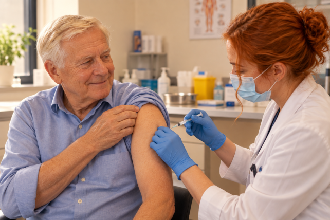 Image d'un homme de 65 ans qui se fait vacciné contre le zona par une jeune femme dans un laboratoire