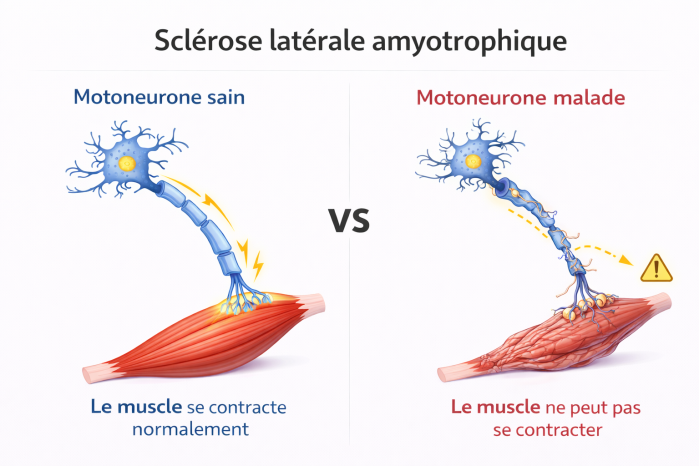 illustration d'un motoneurone sain et un motoneurone malade atteint de SLA