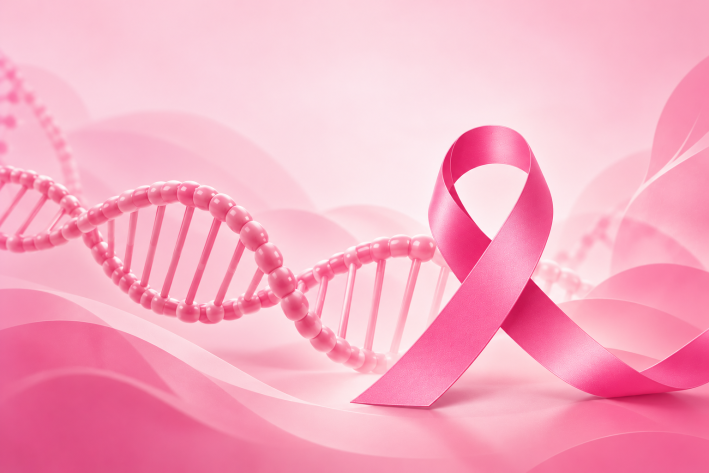 faut-il se faire dépister plus tôt en cas d'antécédent familial de cancer du sein ? : image représentant l'ADN et un ruban rose à côté