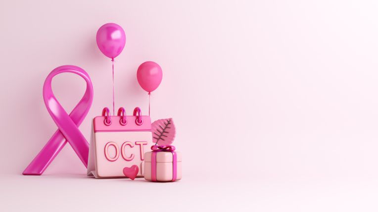 Pourquoi octobre rose ? Image d'un ruban, de ballon et d'un calendrier marquant octobre de couleur rose.