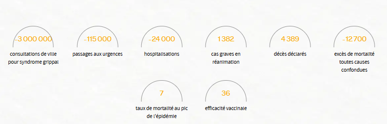 Infographie présentant les chiffres-clés de la campagne de vaccination contre la grippe 2025-2026 : consultations, passages aux urgences, hospitalisations, cas graves en réanimation, décès et efficacité vaccinale.