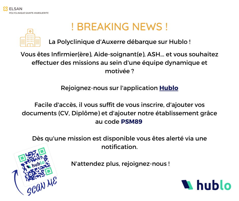 La Polyclinique Sainte-Marguerite d'Auxerre #elsan se lance sur la plateforme de remplacement HUBLO N'attendez plus, venez développer vos compétences dans un environnement d'excellence à taille humaine