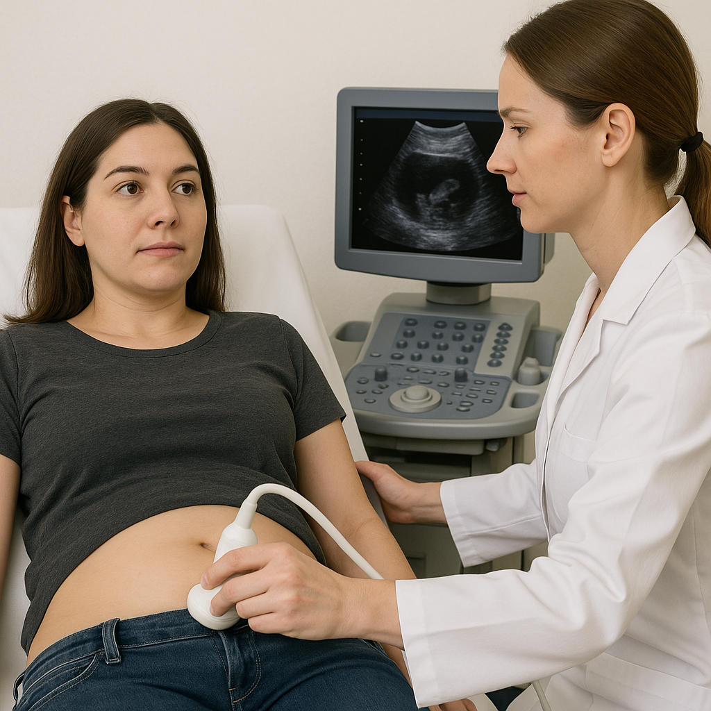 photo illustrant une femme teeshirt relevé et docteur tenant un appareil durant une échographie abdominale