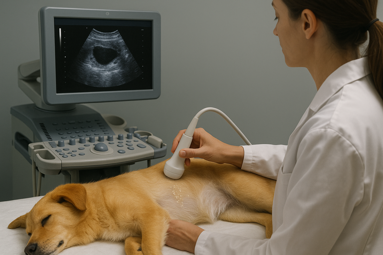 photo illustrant un chien allongé en pleine échographie abdominale
