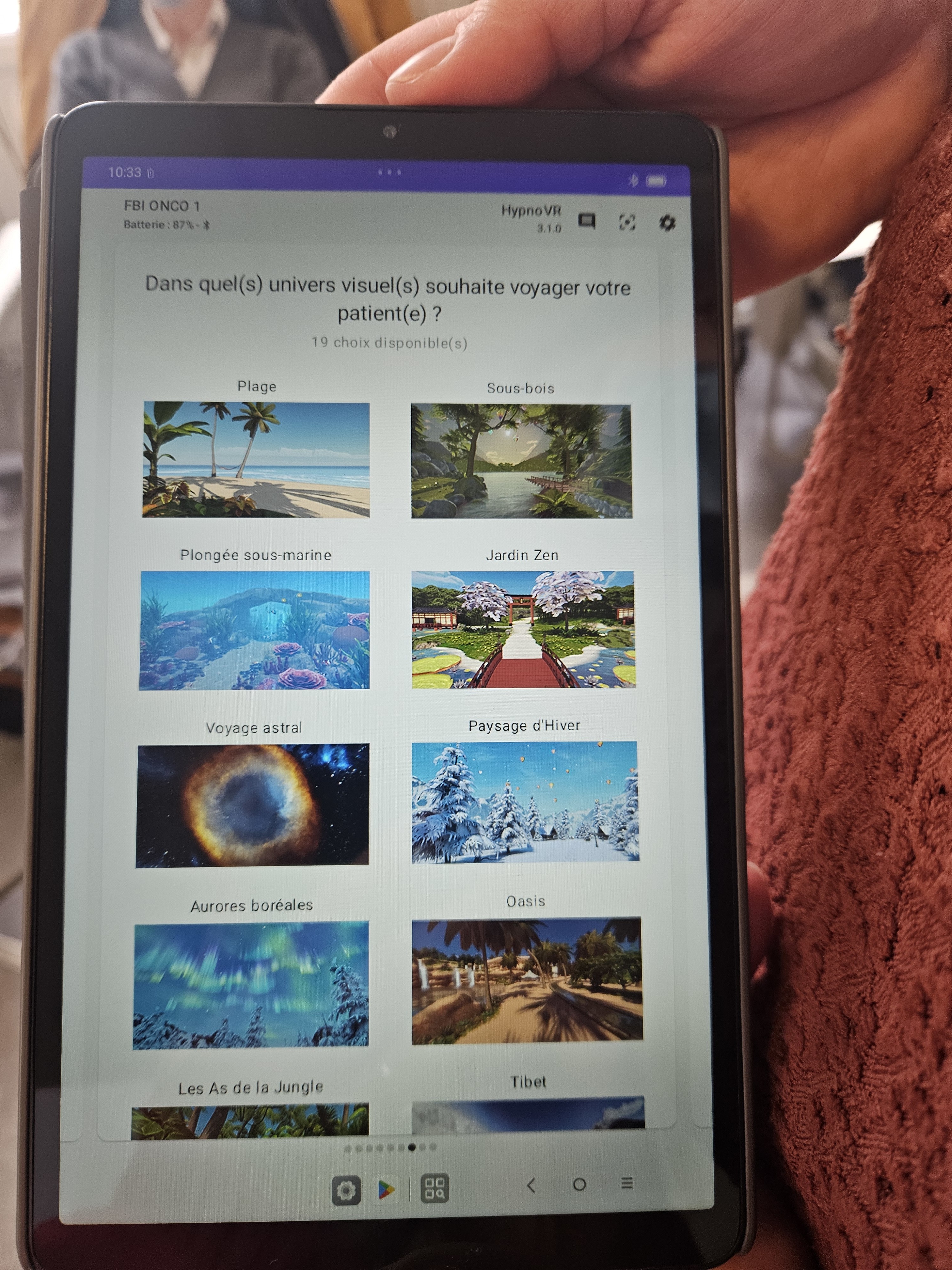 écran de choix du casque de réalité virtuelle
