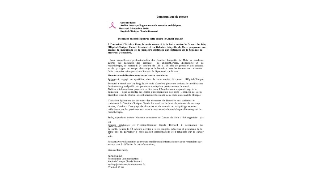 Communique presse atelier Octobre Rose clinique claude bernard ()