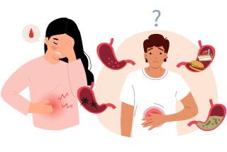 Illustration : femme et homme représentant leur estomac avec différentes pathologie
