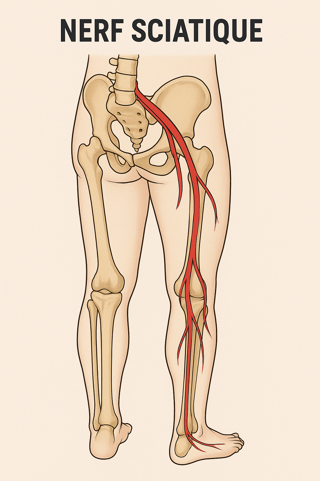 Illustration corps humain avec accens sur le pied droit mettant en avant le nerf sciatique