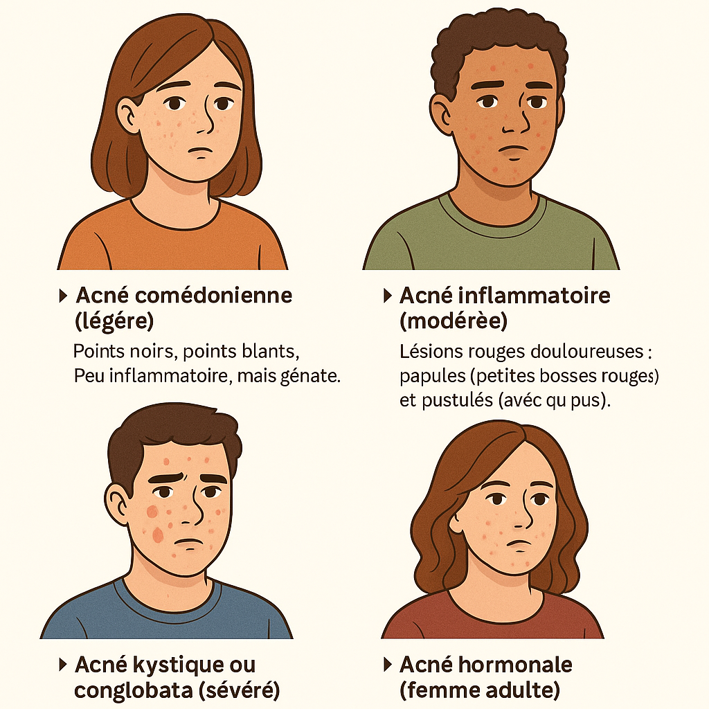 illustration regroupant les 4 principaux types d’acné avec leurs caractéristiques visuelles et descriptives.