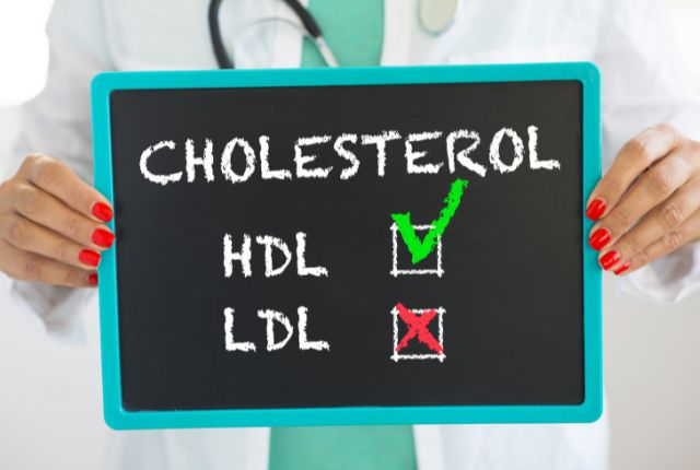 Une soignante brandit une pancarte où HDL (bon cholestérol) est coché et LDL (mauvais cholestérol) est barré.