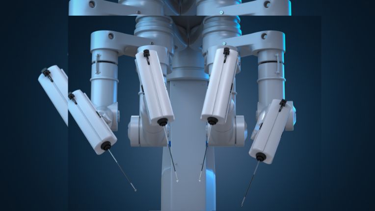 Opération du rectum par robot à Agen. Image d'un robot chirurgical avec ses 4 bras articulés.