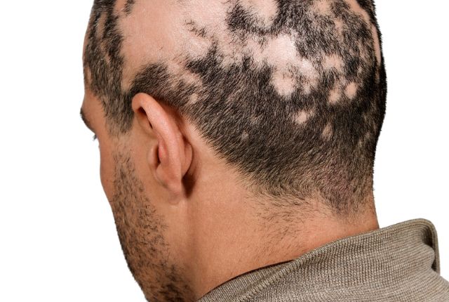 Pelade : crâne d'un homme avec des plaques de cheveux en moins.