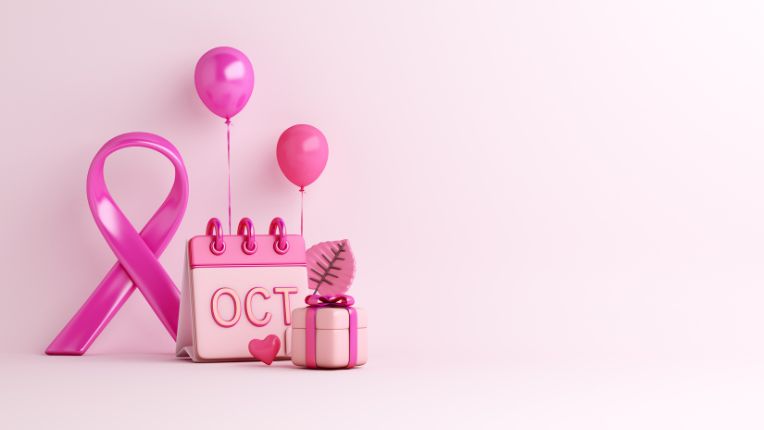 Pourquoi octobre rose ? Image d'un ruban, de ballon et d'un calendrier marquant octobre de couleur rose.