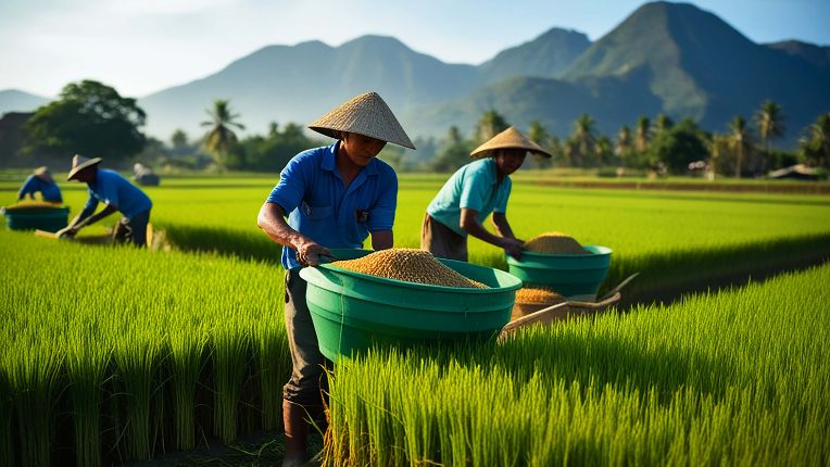 Vaccin encéphalite japonaise CVI Toulouse Compans Elsan. Image magnifique d'une rizière verte avec des paysans récoltant du blé sous fond de collines, quelque part en Asie du Sud-Est.