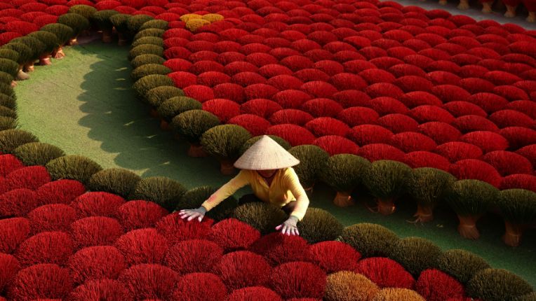 Vaccins pour se rendre au Vietnam. Image d'une femme devant des bouquets de bâton d'encens rouges et verts au Vietnam.