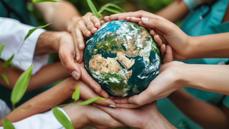Journée mondiale de la santé, 7 avril 2026. Image d'une balle reproduisant la terre, tenue par plusieurs mains.
