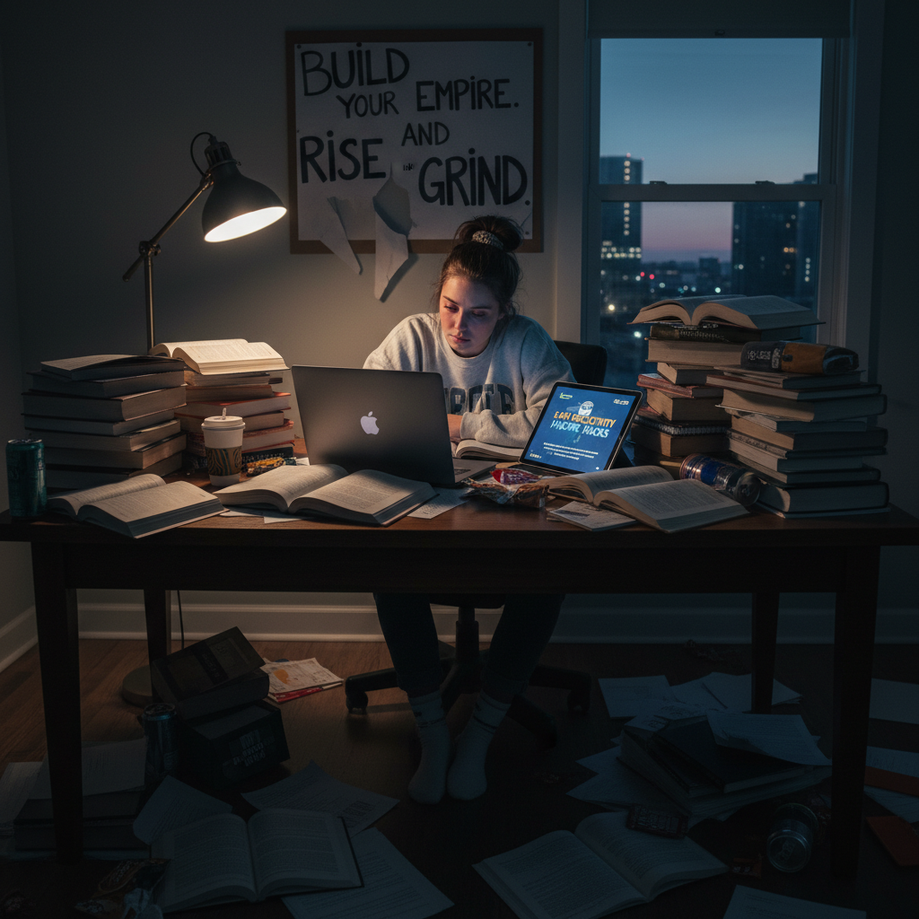 Ambitious student sitting at a desk late at night, surrounded by books and a laptop, looking exhausted — representing why self-improvement advice fails college builders