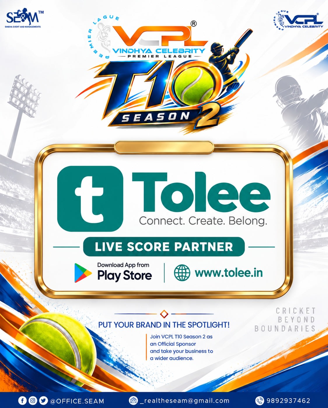 OFFICIAL SCORING PARTNER — TOLEE
 हर रन, हर विकेट, हर रिकॉर्ड — अब TOLEE के साथ!
@tolee_369
@vcplt10
@office.seam
#VCPLT10 #VCPLSeason2
 #OfficialScoringPartner #tolee_369
#T10Cricket VindhyaCelebrityPremierLeague CelebrityCricket SnehaEvents CricketLive CricketScoring