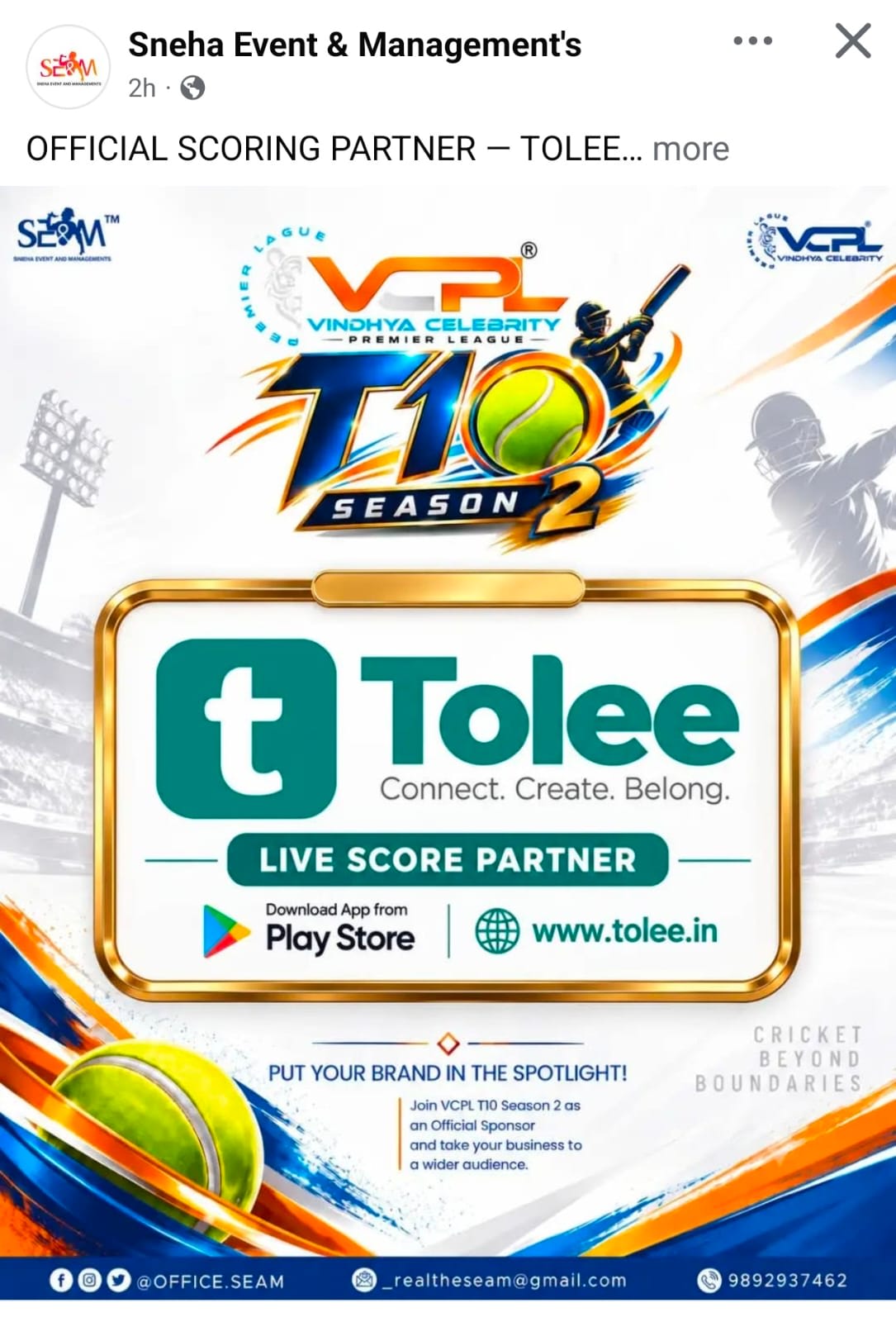 OFFICIAL 
SCORING PARTNER — TOLEE
 हर रन, हर विकेट, हर रिकॉर्ड — अब 
TOLEE के साथ! @tolee_369
@vcplt10 @office.seam
#VCPLT10 #VCPLSeason2
 #OfficialScoringPartner 
#tolee_369#T10Cricket VindhyaCelebrityPremierLeague CelebrityCricket SnehaEvents CricketLive CricketScoring