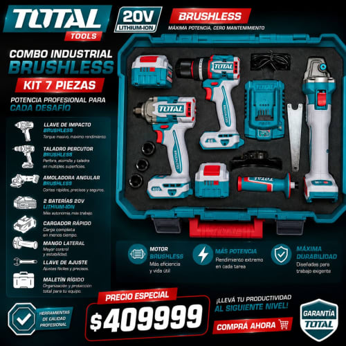 Kit 3 en 1 Brushless 20V — Llave de Impacto + Taladro + Amoladora TOTAL de Total | POR_Herramientas | RDP Argentina
