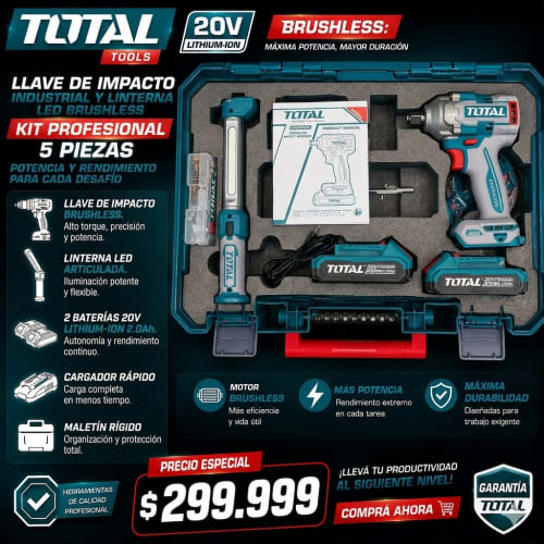 Kit 5 piezas Brushless 20V — Llave de Impacto + Linterna LED TOTAL de Total | POR_Herramientas | RDP Argentina