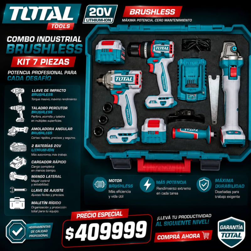 Kit 3 en 1 Brushless 20V — Llave de Impacto + Taladro + Amoladora TOTAL